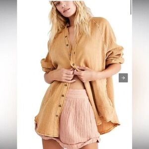 We The Free Keep It Simple Button Down Shirt Gauze Linen Blend Tan Size S